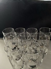 Vtg Libbey MCM Black & Gold Horseless Carriage Highball Barware Set Of 9 Glass