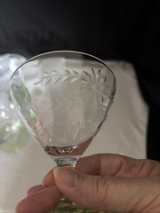 4 Clear Etched Optic Bowl & Green Uranium Foot Low Champagne Sherbet Glasses