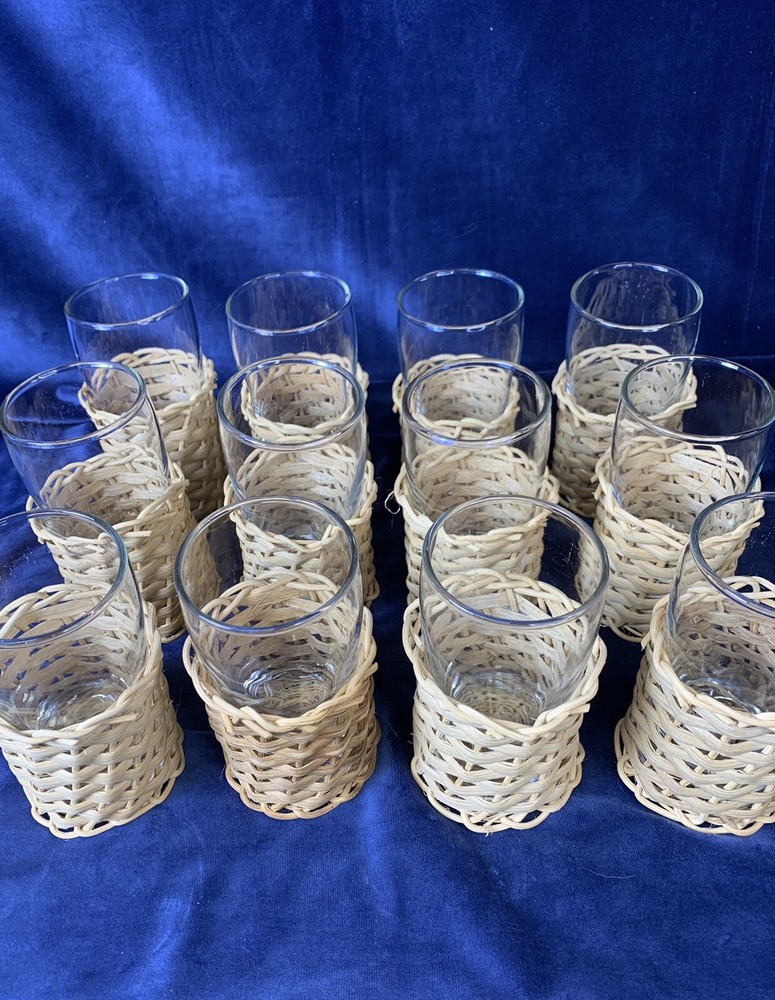2 Vintage Rattan Wicker Glasses Tumblers Cocktails Boho Rustic UNIQUE ITEM Set/2