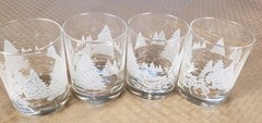 Set Of 4 Vtg Avon Through The Woods Frosted Winter Sleigh Ride Low Ball Glasses