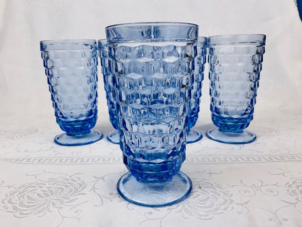 Colony Whitehall Cubist (5) Light Blue Iced Tea Glasses Straight Rim Footed GUC