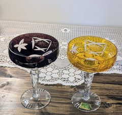 VTG Lausitzer Glas Cut to Clear Crystal Champagne Coupes Pair GDR East Germany
