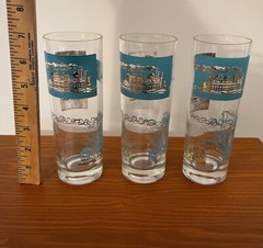 Set of 3 Libbey 7″ Mid Century Modern Gold Teal Riverboat Tumbler Glasses