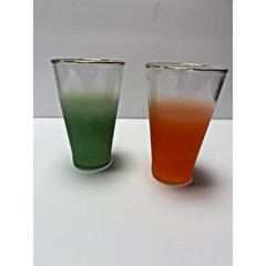Vintage Frosted Glass Tumblers Green Orange Gold Rim Mid Century Style Set of 2