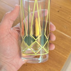 Vintage Atomic Glass MCM Juice Glass Green Gold Geometric Barware 5”
