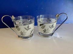VTG Libbey Frosted Glass Mug With Silver Leaf Design & Metal Handle (2)