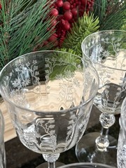 Fostoria MANOR 7 Clear Water Goblets Blown Glass 7 1/2 Etched Flowers Crystal