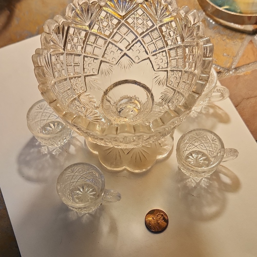 Clear Cut Glass Punch Bowl Set 5-Piece w/ 4 Handled Cups & Stand/Tray