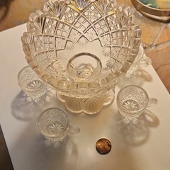 Clear Cut Glass Punch Bowl Set 5-Piece w/ 4 Handled Cups & Stand/Tray