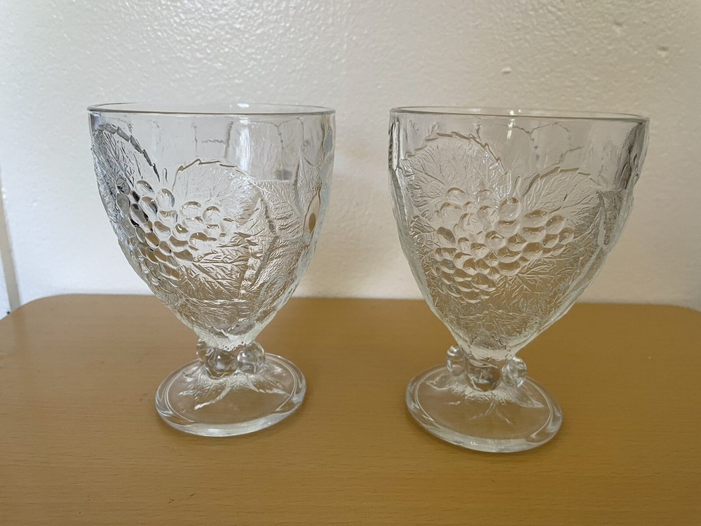 Vintage Pasabalce Art Of Glass Water Wine Goblet Raised Fruit Motif Lot Of 2