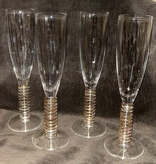 Set Of 4 Vintage Block Crystal Halo Gold Champagne Glasses Banded Stem Flutes