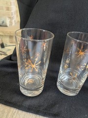 Vintage set of 4 Atomic Starburst Gold Pattern Bar Glasses Unused Cocktail Size