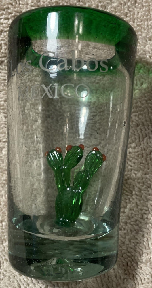 Los Cabos Mexico Hand Blown Cactus Tequila Shot Glass Green Rim Souvenir Shooter