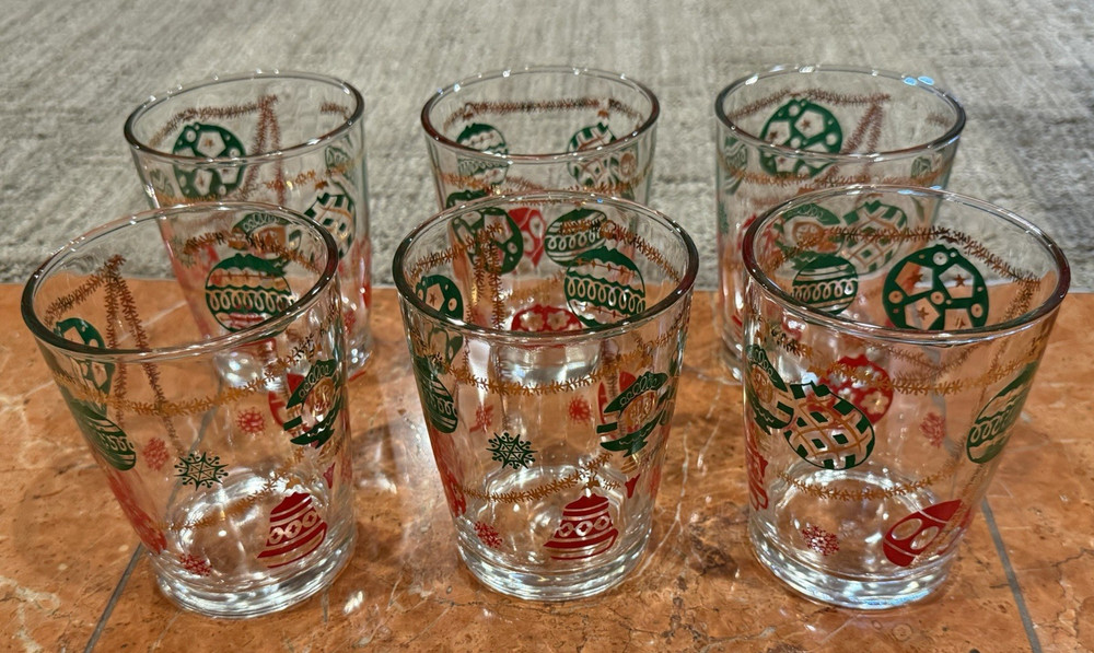 HAZEL ATLAS CHRISTMAS RED GREEN GOLD DOUBLE OLD FASHIONED Glasses MCM Lot 6 EUC