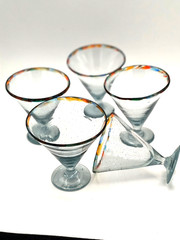 Set of 5 Handcrafted Rainbow Swirl Edge Short Margarita/Martini Glasses NWOT