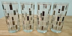 4 Culver Silver Mirrored Plaid Mosaic High Ball Glasses MidCentury6.25T In Box