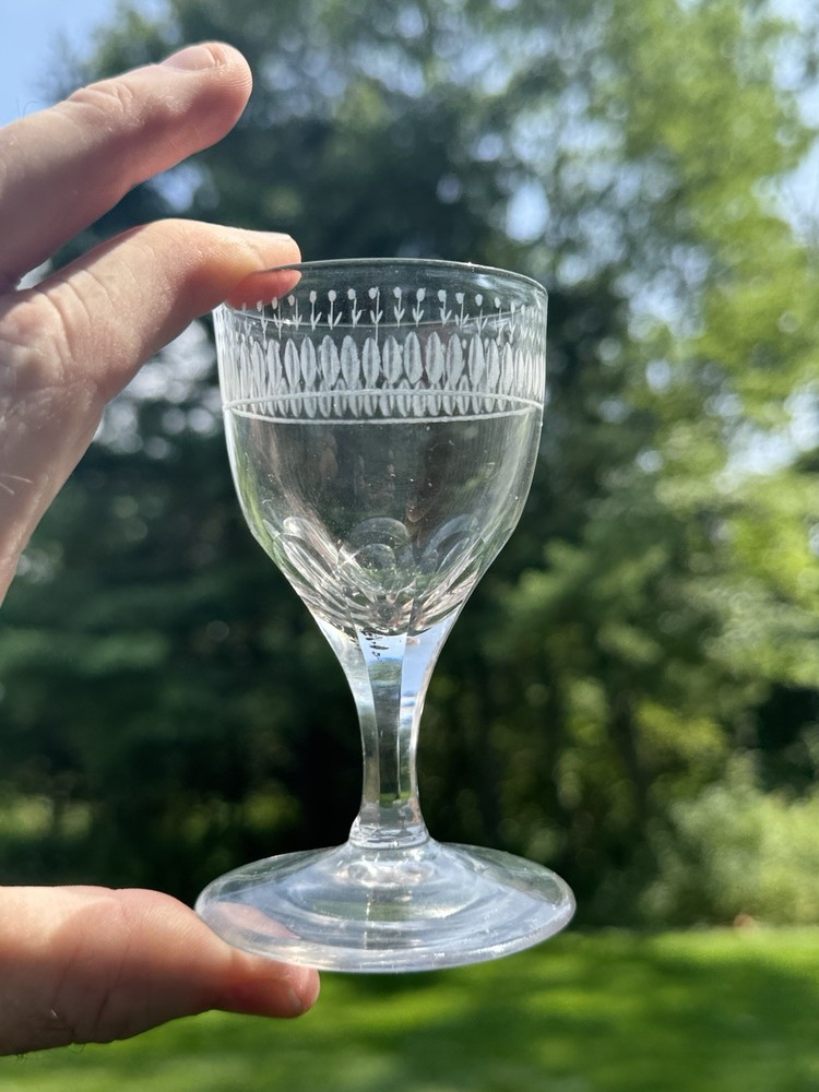 Antique Late 18th Century Cut & Engraved Blown Flint Glass Wine Glass Circa 1790