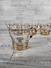 1960s LIBBEY COFFEE CUP SET Greek Key Continental MCM Metal Handles
