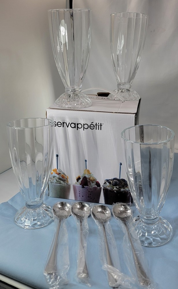 Servappetit Milk Shake Heavy Ribbed Glass Set of 4 With 4 Long Metal Spoons