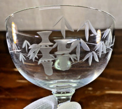Set of 2 Vintage MCM Cut Glass Champagne Glasses Bamboo Pattern Barware