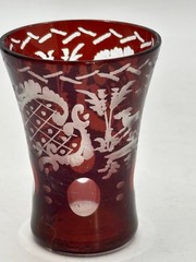 Set of 5 Shot Liquor Glasses Ruby Cut to Clear Bohemian Glass Motif Animals