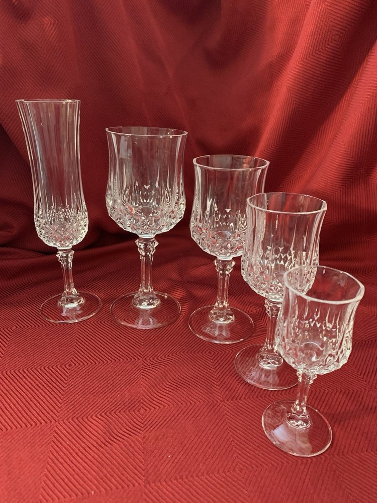 Cristal d’Arques Longchamp Set of 5 Champagne Water Wine Sherry & Cordial Qty Av