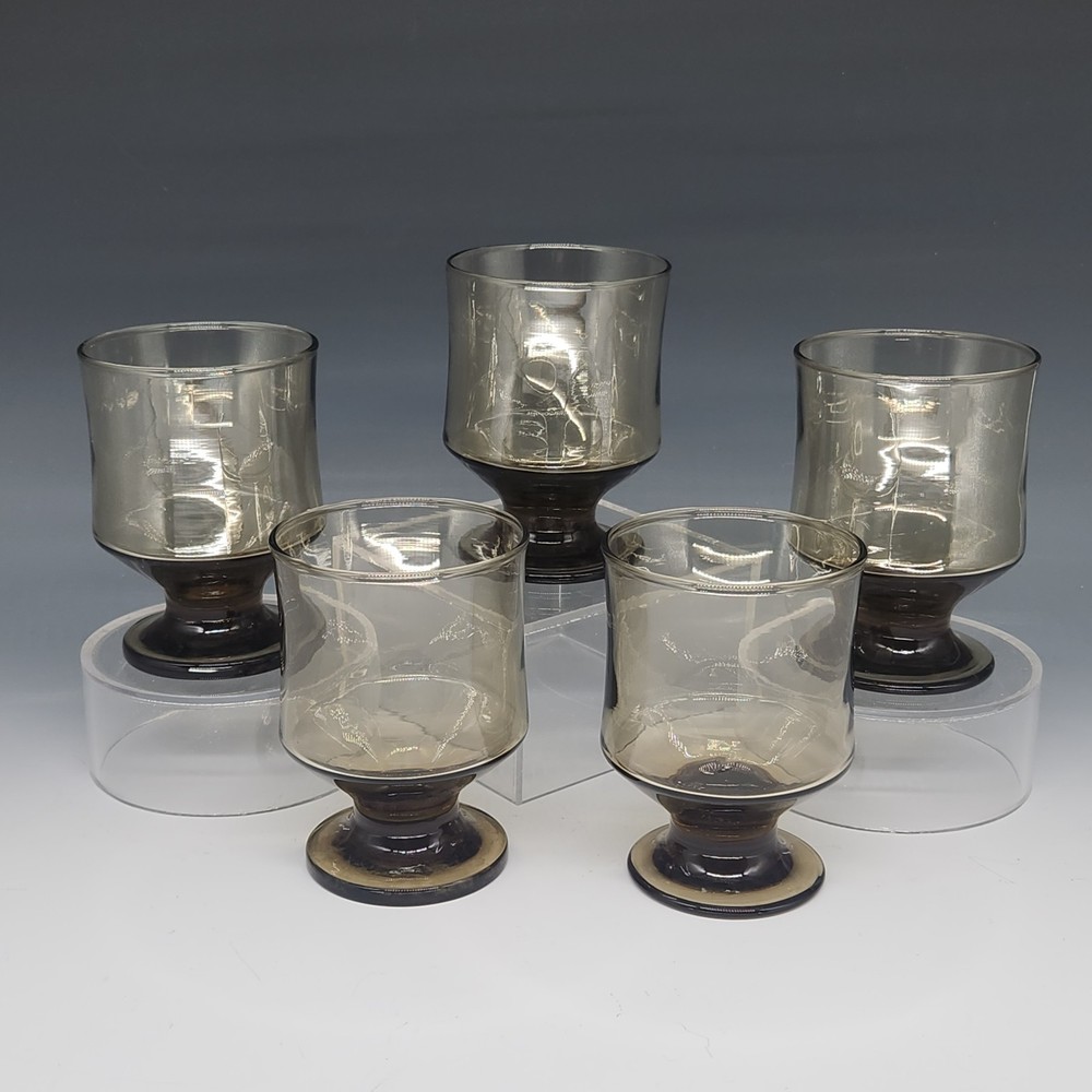 Vtg Set of 5 Smokey Brown Libbey Glass Juice Goblets 3.75″ Tall Drinking Glasses