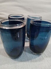4 MCM Modern Blue Navy & Clear Cased Glass Tumblers Scandinavian Style Glasses