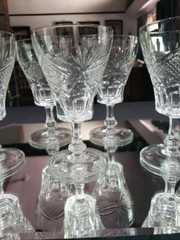 (7) WATER glasses Goblets Crystal, antique cut diamond crosshatch & fans