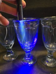 Set Of 4 VTG Noritake Sweet Swirl Lt Blue Water Goblets Glow Under Blacklight