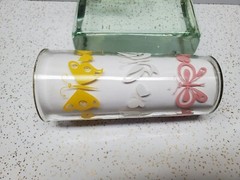 Two Vintage Glass Tumblers Pink White Yellow Butterflies Cottage Cheese