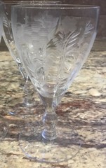 6 CRYSTAL GREY ETCHED ROSE N WHEAT OPTIC GLASS BULBOUS STEM 5 1/8”T UNUSED COND