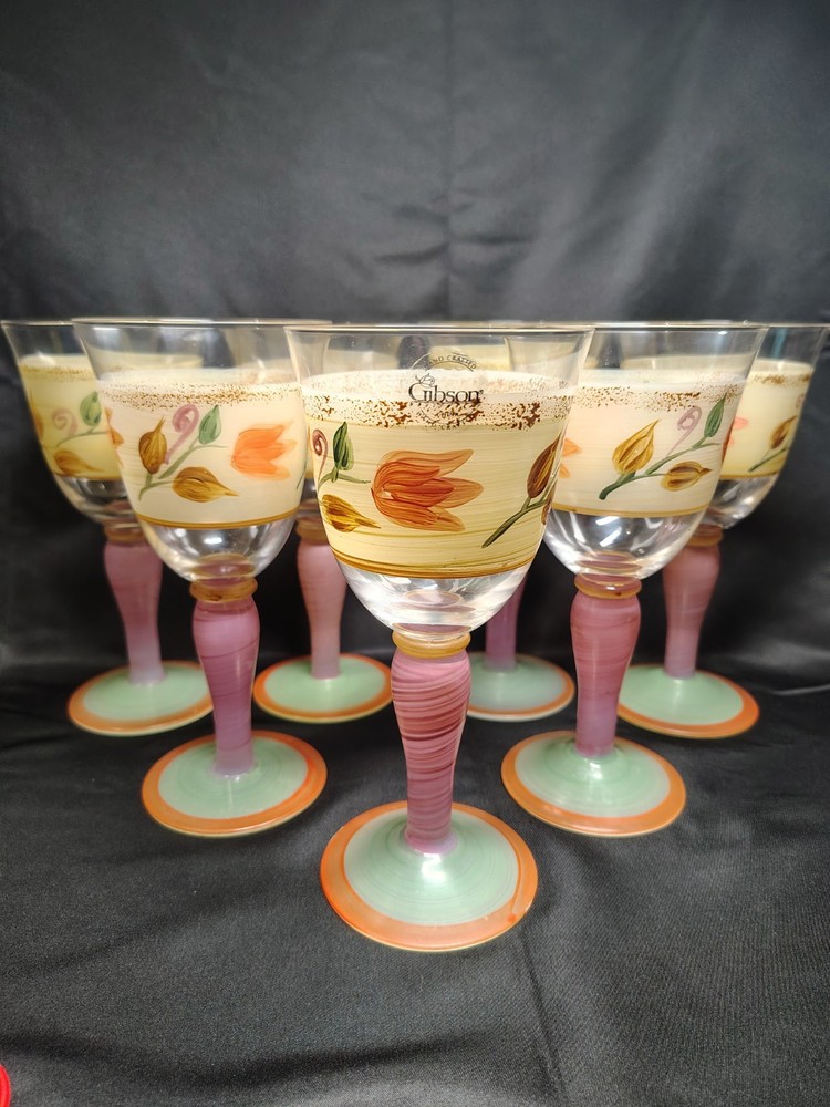 Vintage Gibson Hand Crafted Painted Floral Wine Goblets – Pink & Green Art Glass