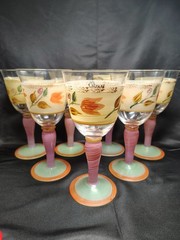 Vintage Gibson Hand Crafted Painted Floral Wine Goblets – Pink & Green Art Glass