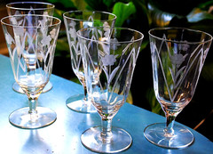 Vtg Set 5 Hand Cut Floral & Arch OPTIC DEPRESSION GLASS Iced Tea Goblets 6.25″