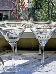 Set of Four Etched Crystal Martini Glasses Giraffe & Elephant Safari Animals