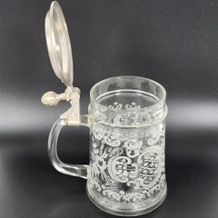 Vintage Clear Etched Floral Glass Beer Stein Pewter Lid Decorative Unmarked