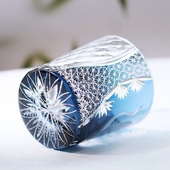 Japanese Style Edo Kiriko Glass Whisky Glass Tumbler Hand Cut To Clear Blue 9oz