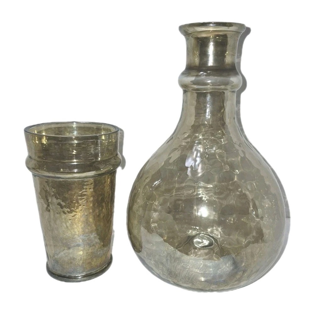 Iridescent Light Amber Tumble-Up Bedside Water Carafe Set MCM Thick Heavy Glass