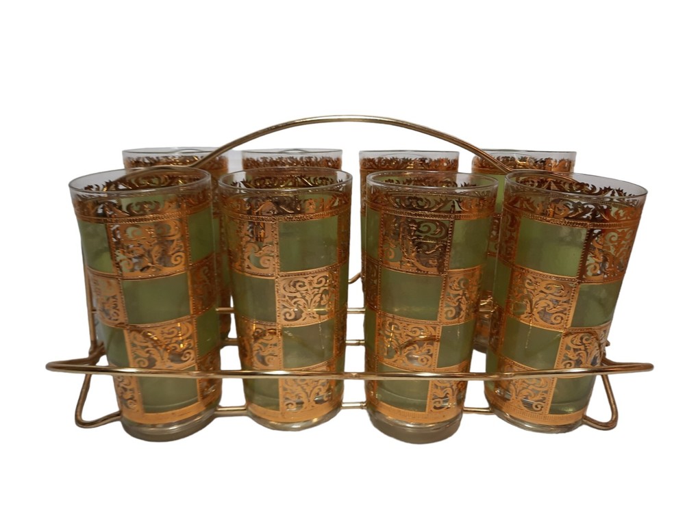 Set 8 Culver Prado Mid Century 22kt Gold Green Highball Glasses W/ Carrier MCM