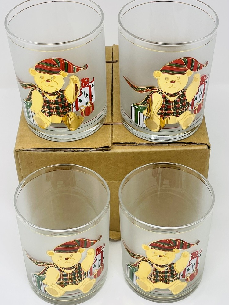 Set 4 Vintage Culver Glasses Christmas Bear Gold Old Whisky Scotch Cocktail Lot