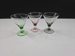 Set 3 Etched Floral Cordial Shot Glasses Footed Flared Multicolor 2.25″ Barware