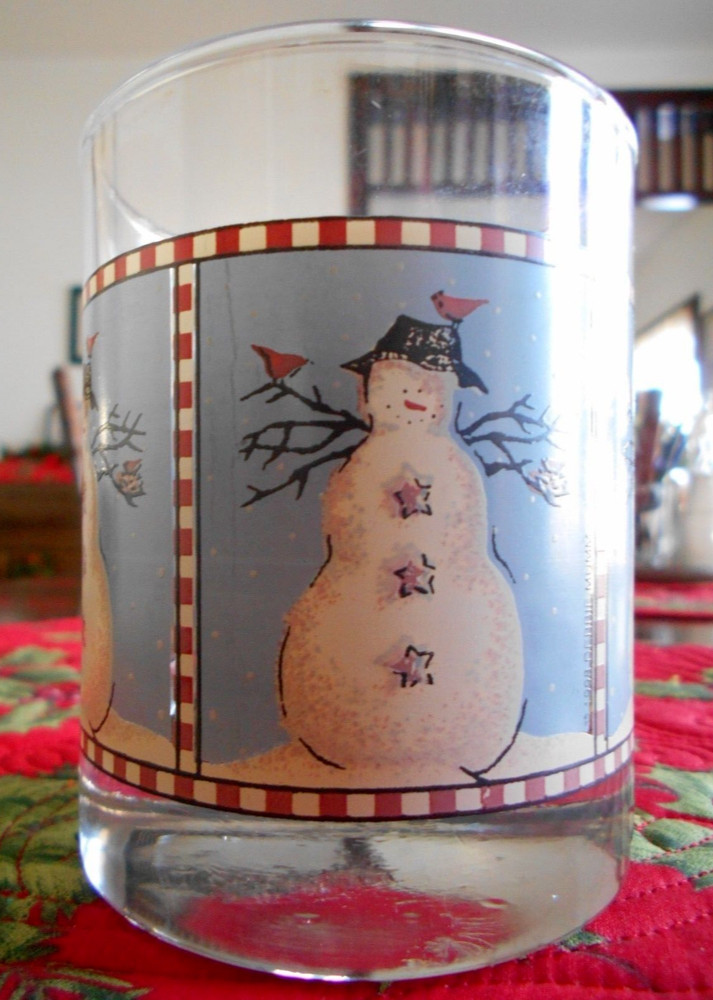 Snowman Double Old Fashioned Glass (es) 12 oz. Debbie Mumm Sakura Blue !