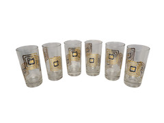MCM Midcentury Black Gold Atomic Squares Highball Glasses Barware 16 oz Set of 6