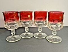 LANCASTER-COLONY CRANBERRY CROWN THUMBPRINT Flash WATER GOBLETS Set/4 EXCELLENT