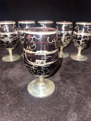 6 Vintage Green Silver Overlay Cordial Glasses With Gondola