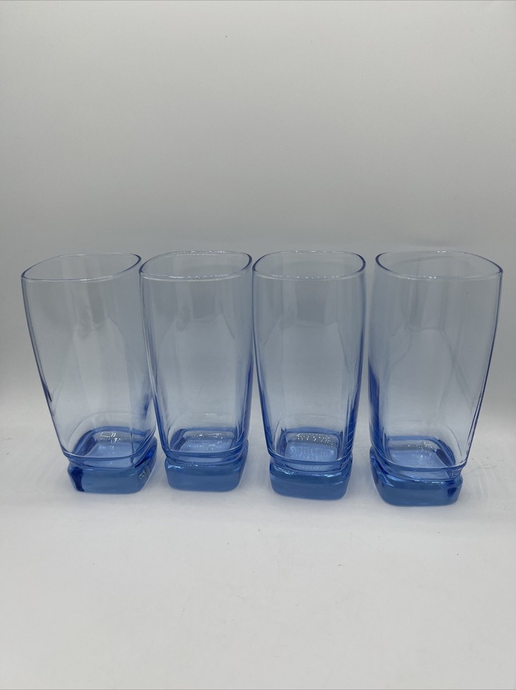 (4) Libbey Carrington Rare Light Blue Translucent Glass Tumblers Square Bottom