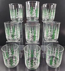 9 Libbey Snowy Evergreen White Trees Old Fashioned Set Vintage Drink Tumbler Lot