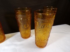 Set of 5 Indiana Tiara Amber Glass Sandwich Tumblers 6 3/8″ Tall