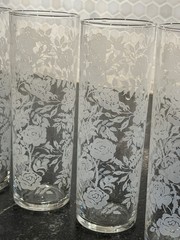 Set Of 4 Vintage Libbey MCM Highball / Collins Glasses White Roses & Leaves 7″